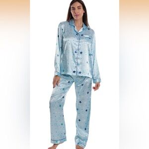 Women's Blue Star Print Satin Pajama Set size L large silk loungewear sleep